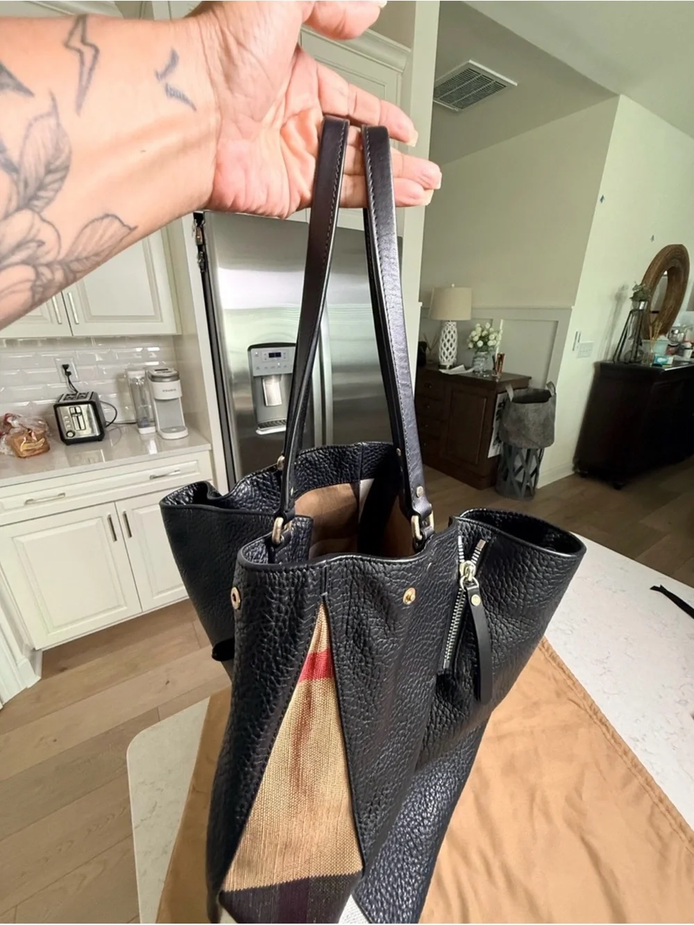 Burberry House Check Black Leather Large Shoulder Tote + Dust Bag